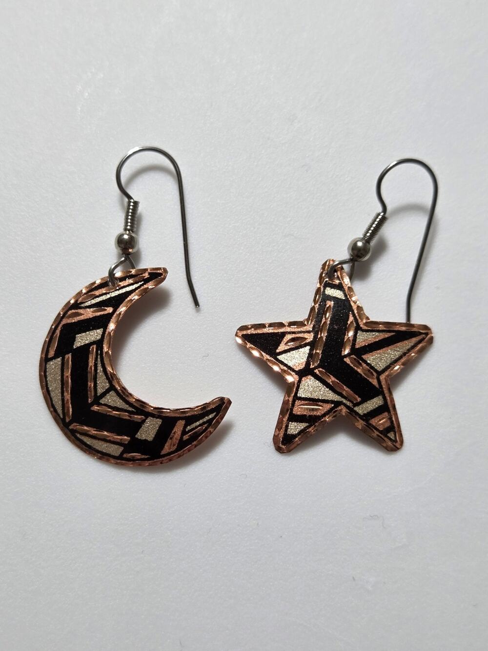 Copper Mismatched Moon Star Dangle Earrings Celestial Artisan Boho